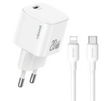 Usams JO hálózati töltő Type-C aljzat (20W, PD gyorstöltő + lightning kábel) FEHÉR