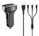 Usams KING TU C13 autós töltő 2 USB aljzat (10W, LED jelzés + lightning/microUSB/Type-C kábel) FEKET