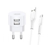 Usams T20 hálózati töltő 2 USB aljzat (10W, gyorstöltő + microUSB kábel) FEHÉR