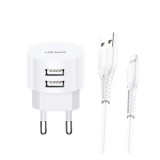 Usams T20 hálózati töltő (2x USB-A, 10W, Lightning 8pin kábel, fehér)