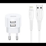USAMS T20 kerek töltőfej 2XUSB 2.1 Fehér, 1m lightning kábellel