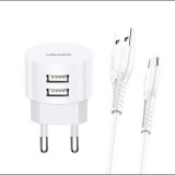 USAMS T20 kerek töltőfej 2XUSB 2.1 Fehér, 1m Type-C kábellel