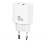Usams T65 hálózati töltő USB+Type-C aljzat (30W, PD gyorstöltő) FEHÉR
