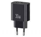 Usams T65 hálózati töltő USB+Type-C aljzat (30W, PD gyorstöltő) FEKETE