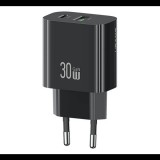 Usams T65 hálózati töltő USB+Type-C aljzat (30W, PD gyorstöltő) FEKETE (CC316TC01) (CC316TC01)