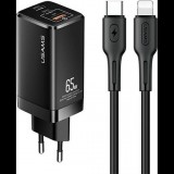 USAMS Töltő MT 2xUSB-C+USB GaN 65W T33 PD+Kábel USB-C-Lightning 30W Gyorstöltés Fekete MTXLOGTL01 (MTXLOGTL01)