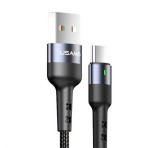 USAMS U26 adatkábel (USB - Type-C, 3A, gyorstöltő, 100cm, törésgátló, LED jelzés) FEKETE