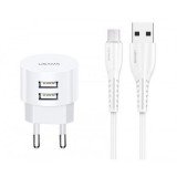 Usams XTXLOGT18MC05 dupla USB portos hálózati töltő 100cm-es microUSB kábellel fehér (XTXLOGT18MC05)