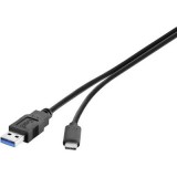 USB 3.1 kábel, 1x USB 3.0 dugó A - 1x USB C dugó, 0,15 m, fekete, UL minősített, aranyozott, Renkforce (RF-3241264) - Adatkábel