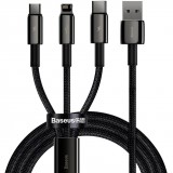 USB töltő- és adatkábel 3in1, USB Type-C, Lightning, microUSB, 150 cm, 3500 mA, törésgátlóval, gyorstöltés, cipőfűző minta, Baseus Tungsten Gold, CAMLTWJ-01, fekete (RS122060) - Adatkábel