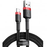 USB töltő- és adatkábel, Lightning, 100 cm, 2400 mA, törésgátlóval, gyorstöltés, cipőfűző minta, Baseus Cafule, CALKLF-B19, fekete/piros (RS112728) - Adatkábel