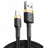 USB töltő- és adatkábel, Lightning, 100 cm, 2400 mA, törésgátlóval, gyorstöltés, cipőfűző minta, Baseus Cafule, CALKLF-BV1, fekete/arany (RS121915) - Adatkábel