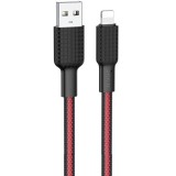 USB töltő- és adatkábel, Lightning, 100 cm, 2400 mA, törésgátlóval, gyorstöltés, cipőfűző minta, Hoco X69 Jaeger, fekete/piros (RS122168) - Adatkábel