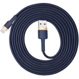 USB töltő- és adatkábel, Lightning, 200 cm, 1500 mA, törésgátló, cipőfűző minta, Baseus Cafule, CALKLF-CV3, sötétkék/arany (RS112708) - Adatkábel