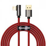 USB töltő- és adatkábel, Lightning, 200 cm, 2400 mA, gyorstöltés, 90 fokos/derékszögű, cipőfűző minta, Baseus Legend, CACS000109, piros (RS122006) - Adatkábel