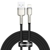 USB töltő- és adatkábel, Lightning, 200 cm, 2400 mA, törésgátlóval, gyorstöltés, cipőfűző minta, Baseus Cafule Metal, CALJK-B01, fekete (RS112681) - Adatkábel