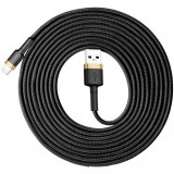 USB töltő- és adatkábel, Lightning, 300 cm, 2000 mA, törésgátlóval, gyorstöltés, cipőfűző minta, Baseus Cafule, CALKLF-RV1, fekete/arany (RS121922) - Adatkábel