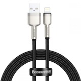 USB töltő- és adatkábel, Lightning, 50 cm, 2400 mA, törésgátlóval, gyorstöltés, cipőfűző minta, Baseus Cafule Metal, CALJK-01, fekete (RS112778) - Adatkábel