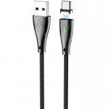 USB töltő- és adatkábel, USB Type-C, 120 cm, 3000 mA, mágneses, gyorstöltés, LED-es, cipőfűző minta, Hoco U75 Blaze, fekete (RS93739) - Adatkábel