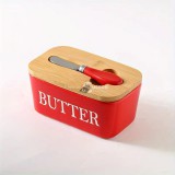 Vajtál Bambusz Fedővel És Késsel, Nagy Kerámia Vajtál Szigetelő Fedővel, Légmentesen Záródó Vajtartó Edény