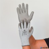 . Védőkesztyű, HPPE, tenyerén PU mártott, vágásbiztos, S méret, szürke