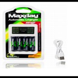 VG Maxday Akkumulátortöltő AA és AAA újratölthető elemekhez, 4 db 2800 mAh AAA elemmel, USB, C704B3