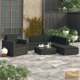 VID 6-részes fekete polyrattan kerti bútorszett párnákkal