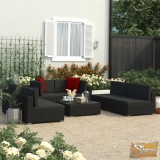VID 7 részes fekete polyrattan kerti társalgószett párnákkal