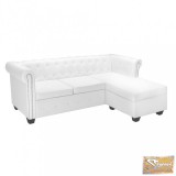 VID l-alakú, fehér műbőr chesterfield kanapé