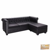 VID l-alakú, fekete műbőr chesterfield kanapé