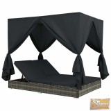 VID szürke polyrattan napozóágy függönyökkel