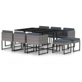 vidaXL 11 részes szürke polyrattan kerti étkezőszett párnákkal