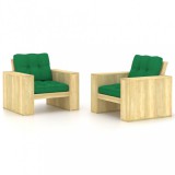 vidaXL 2 db impregnált fenyőfa kerti szék zöld párnákkal