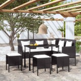 vidaXL 5 személyes fekete polyrattan L-alakú kanapészett párnákkal