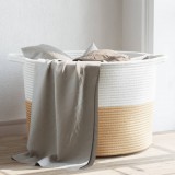 vidaXL Bézs-fehér pamut szennyeskosár Ø55 x 36 cm