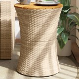 vidaXL Bézs polyrattan és tömör fa kerti dob alakú kisasztal