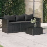 vidaXL Fekete 3 személyes polyrattan kerti kanapé párnákkal
