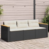 vidaXL Fekete 3 személyes polyrattan kerti kanapé párnákkal
