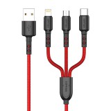 Vipfan X02 3in1 USB kábel USB-C Lightning Micro 3.5A 1.5m piros (X02LMT-red) (X02LMT-red) - Adatkábel