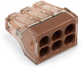 Wago 773-606 PUSH WIRE® vezeték összekötő; tömör vezetékeknek; max. 4 mm²; 6 vezeték; Tiszta barna készülékház; barna fedél