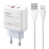 Wall charger LDNIO A2421C USB, USB-C 22.5W + Lightning cable
