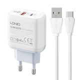 Wall charger LDNIO A2421C USB, USB-C 22.5W + USB-C cable