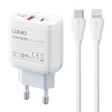 Wall charger LDNIO A2421C USB, USB-C 22.5W + USB-C - Lightning cable