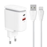 Wall charger LDNIO A2423C USB, USB-C + Lightning cable
