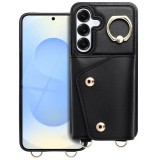 Wonder Samsung Galaxy A16 5G kártyatartós tok gyűrűs kitámasztóval, csuklóra / vállra akasztható pánttal, fekete