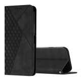 Xiaomi 14T Pro, Oldalra nyíló tok, bőrhatású, stand, 3D rombusz minta, fekete