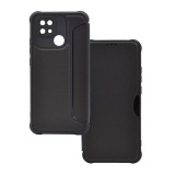 Xiaomi Redmi 10C, Oldalra nyíló tok, légpárnás sarok, bőrhatású, karbon minta, Razor Book, fekete