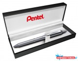 Zseléstoll, 0,35 mm, nyomógombos, ezüst tolltest, PENTEL "EnerGel BL-407" fekete, ajándék kék tollbetéttel